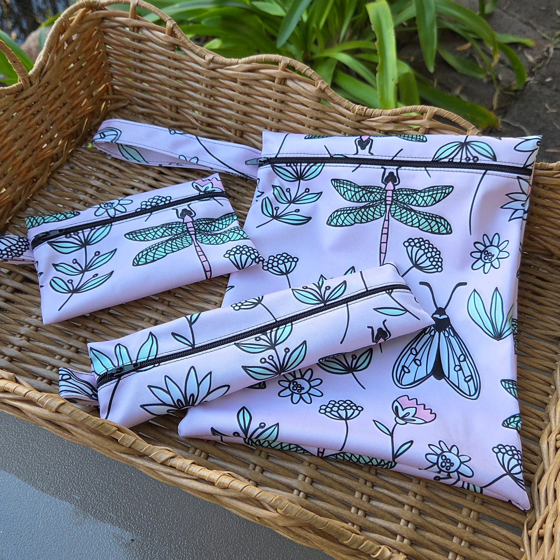 Three Piece Wet Bag Travel Set - Dragonfly and Flower Design