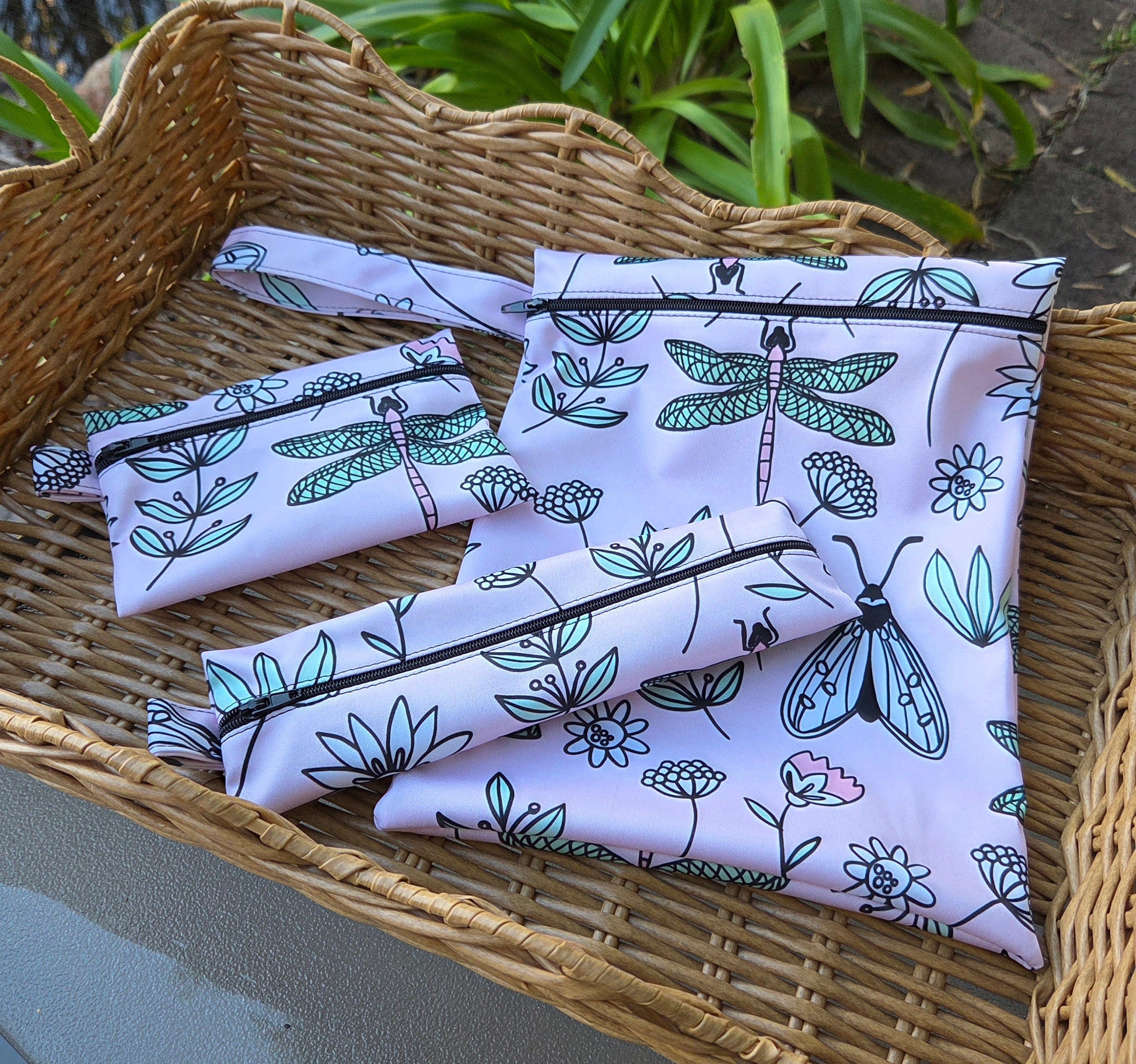 Three Piece Wet Bag Travel Set - Dragonfly and Flower Design