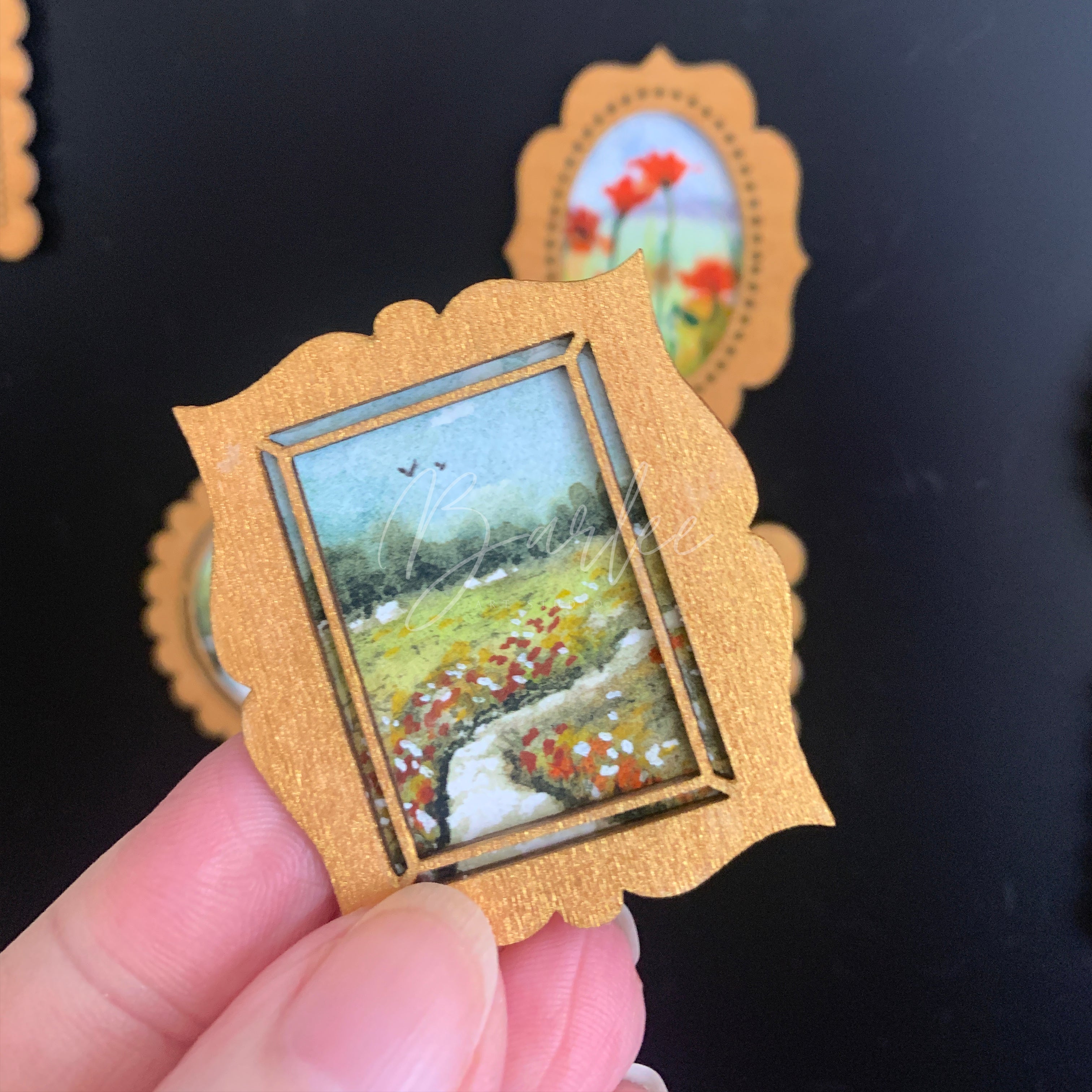 Hand Painted Fridge Magnet Set - 4 Framed Mini Paintings