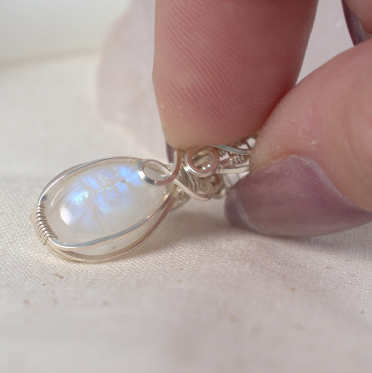 Wire Wrapped Rainbow Moonstone Keepsake Pendant