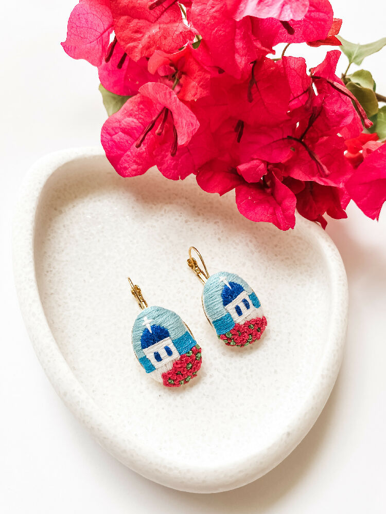 Santorini Hand Embroidered Earrings – Timeless Beauty of the Greek Islands - Oval