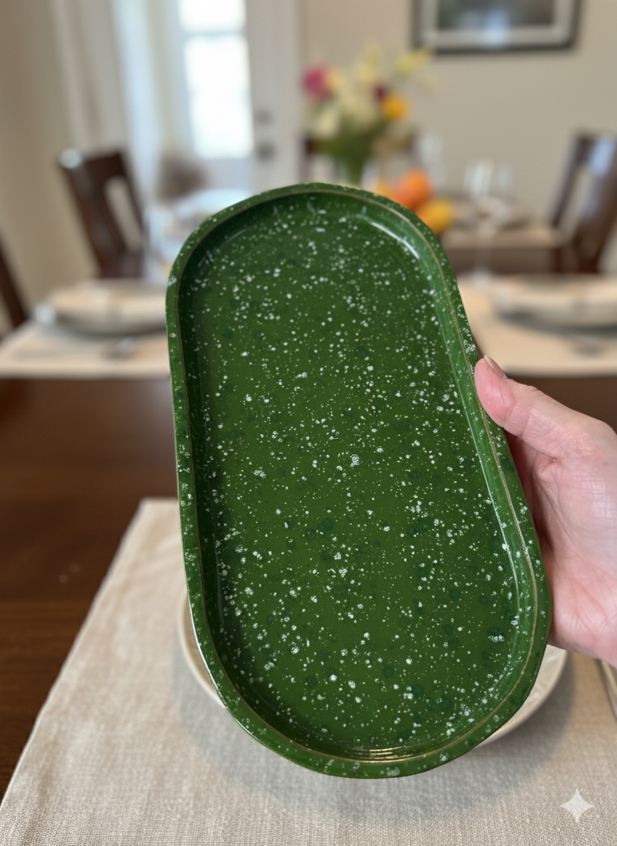 Forest Green, Speckled, Oval Pottery Plate