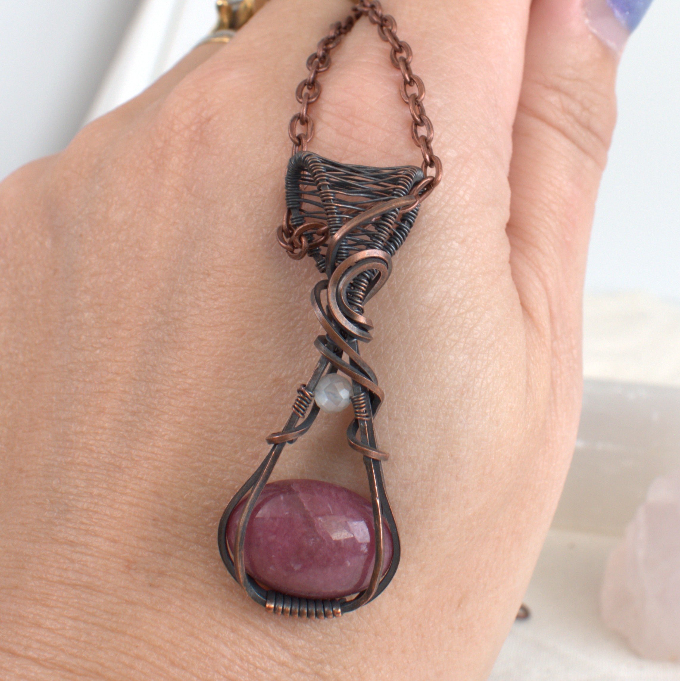 Wild Heather – Rhodonite & Moonstone Copper Pendant