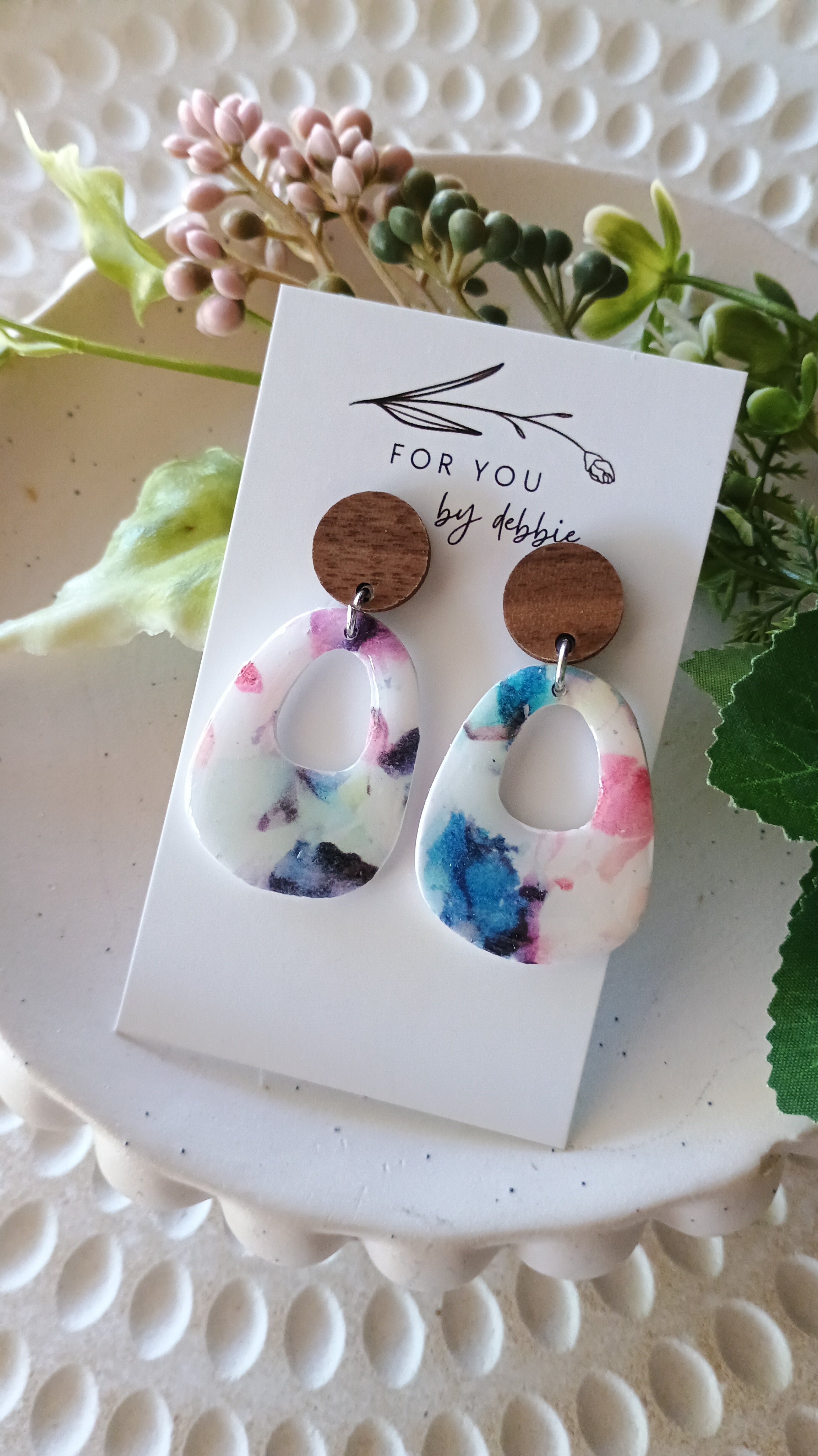 Penny dangle earrings- watercolour and wood stud