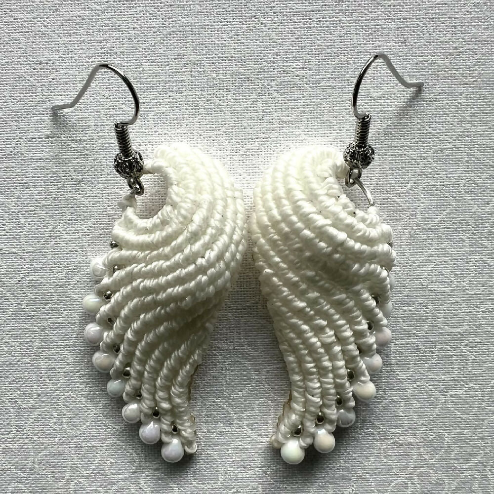 SOLD OUT - White Wing Micro Macrame Earrings +Free Microfibre Pouch