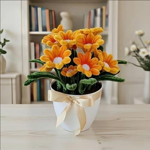 Pipe Cleaner Flower Bouquet in Plastic pot - Everlasting Chenille Daisy Arrangement