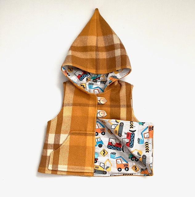 Trucks and Diggers Upcycled Blanket Vest with Cosy Hood