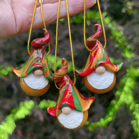 Gnome Christmas baubles trio - red, gold, green (gold bottoms)