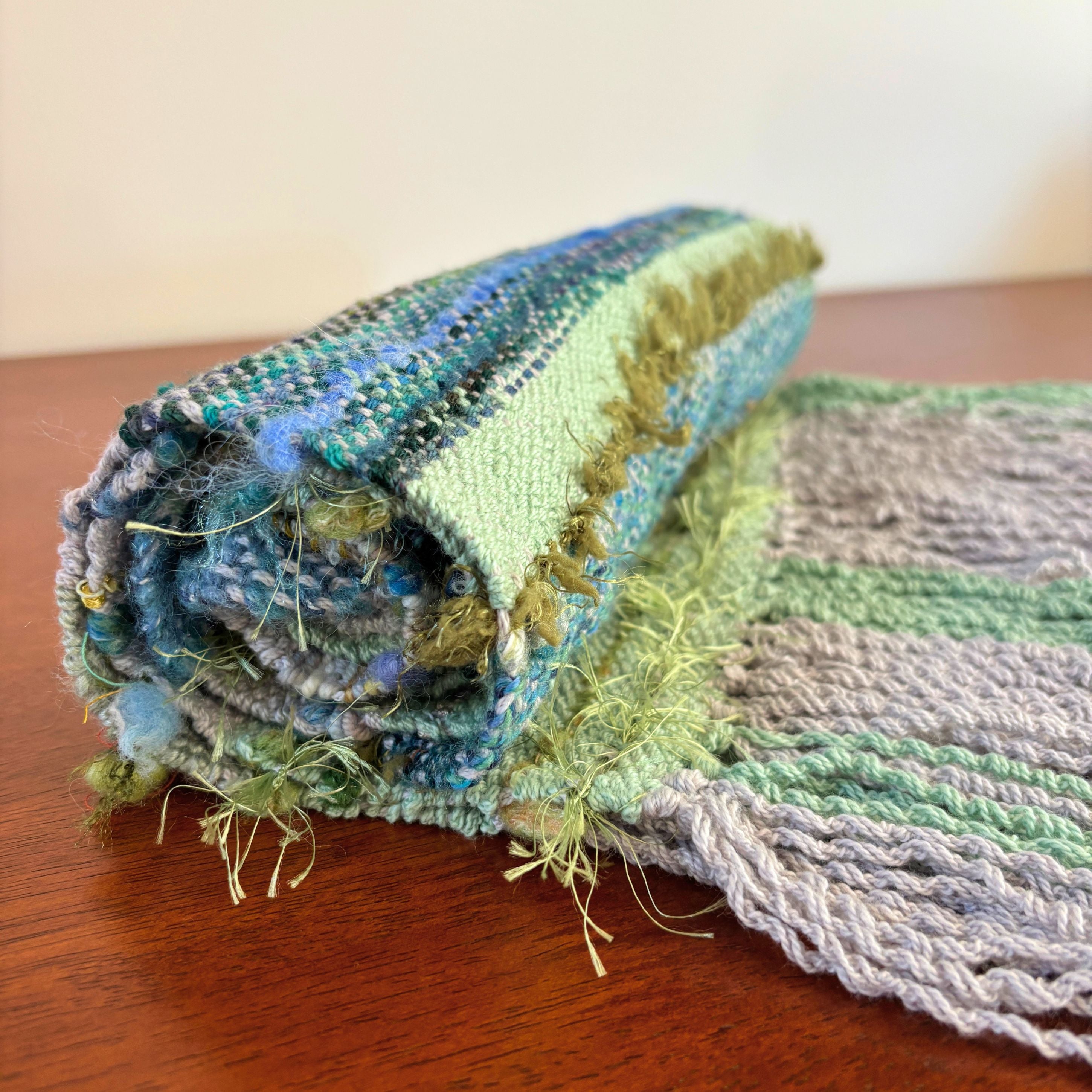 Handwoven Scarf - Grey - Green - Blue
