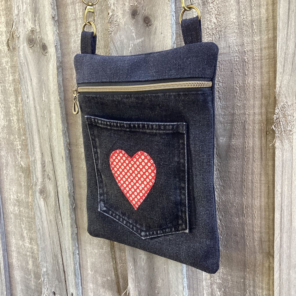 Black Upcycled Denim Cross Body Bag – Red Heart
