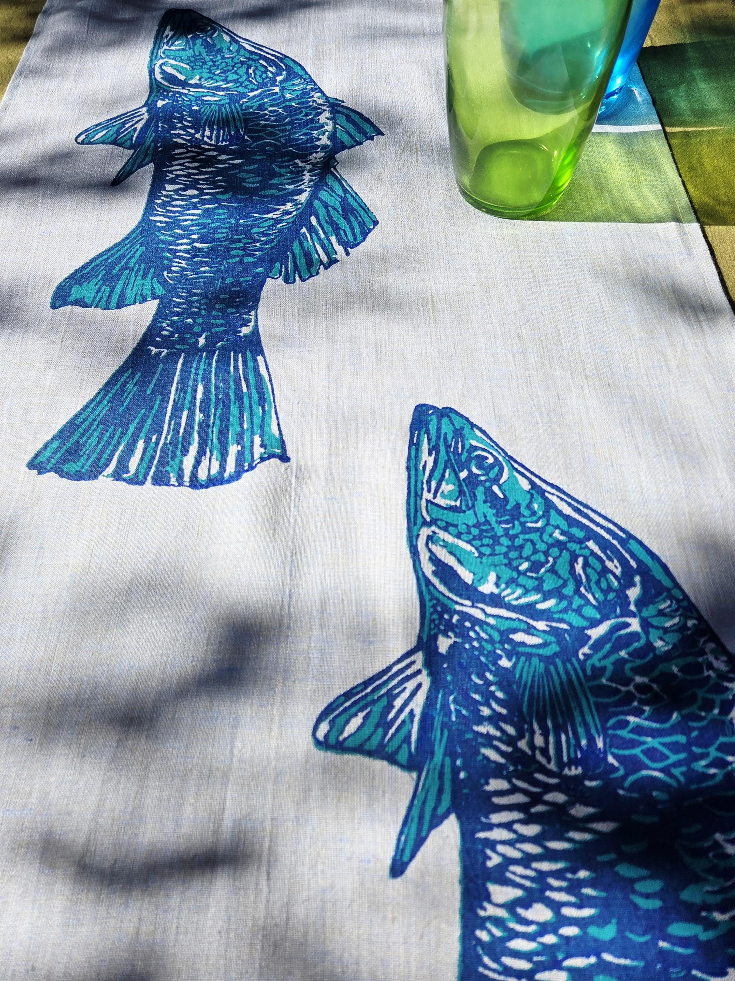 Hand Screen Printed Linen Table Runners-Australian Barramundi