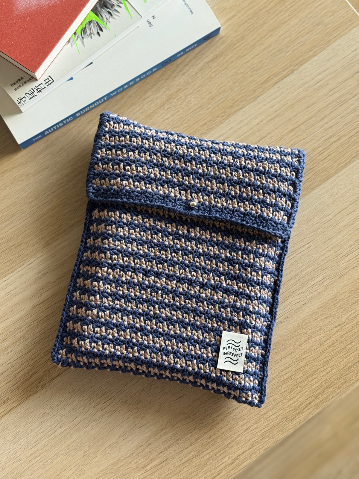 Book Sleeve | Handmade Crochet Book Accessary | Houndstooth Navy x Brown Ver. Cotton Yarn