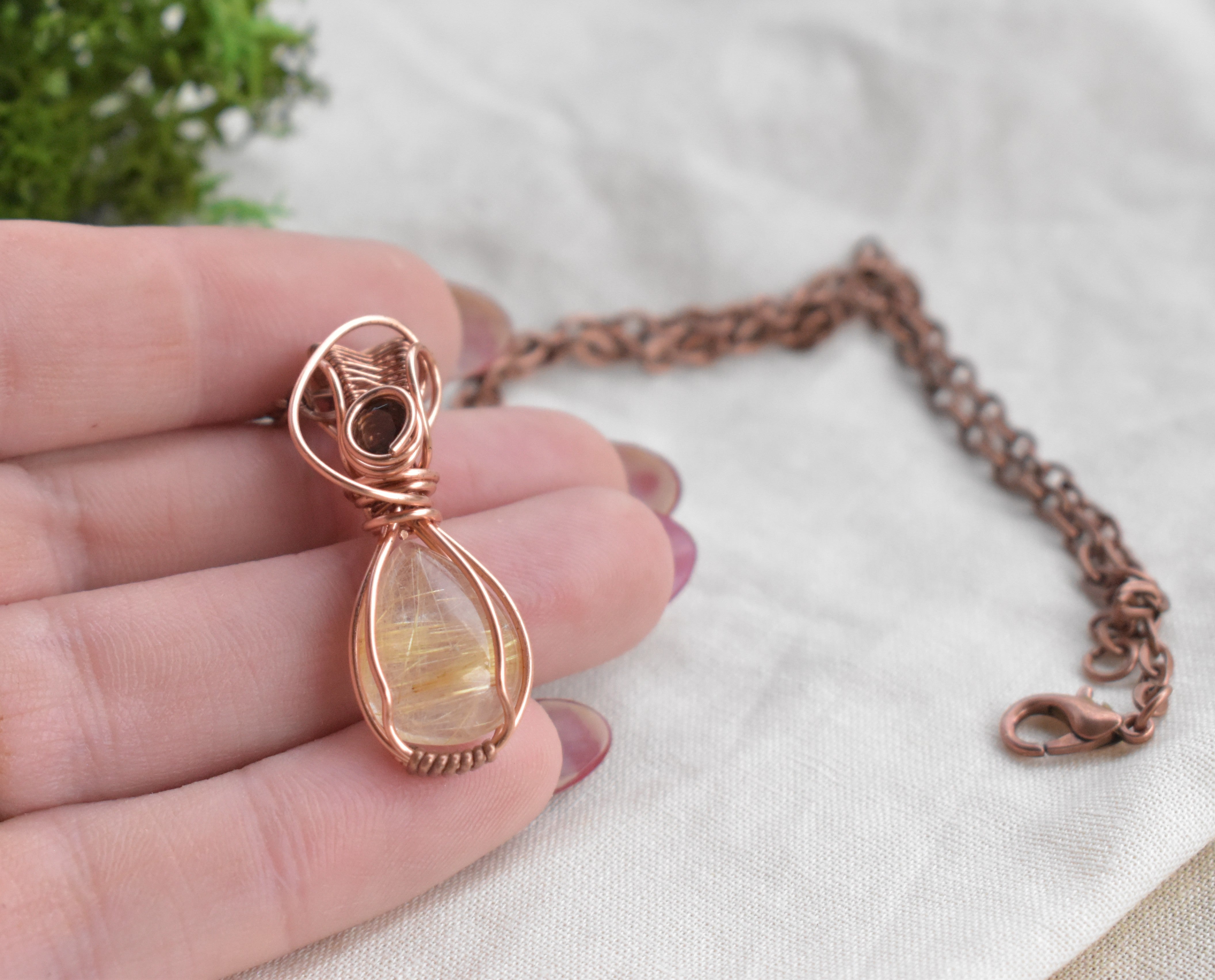 Gilded Threads - Handcrafted Golden Rutile & Smoky Quartz Pendant