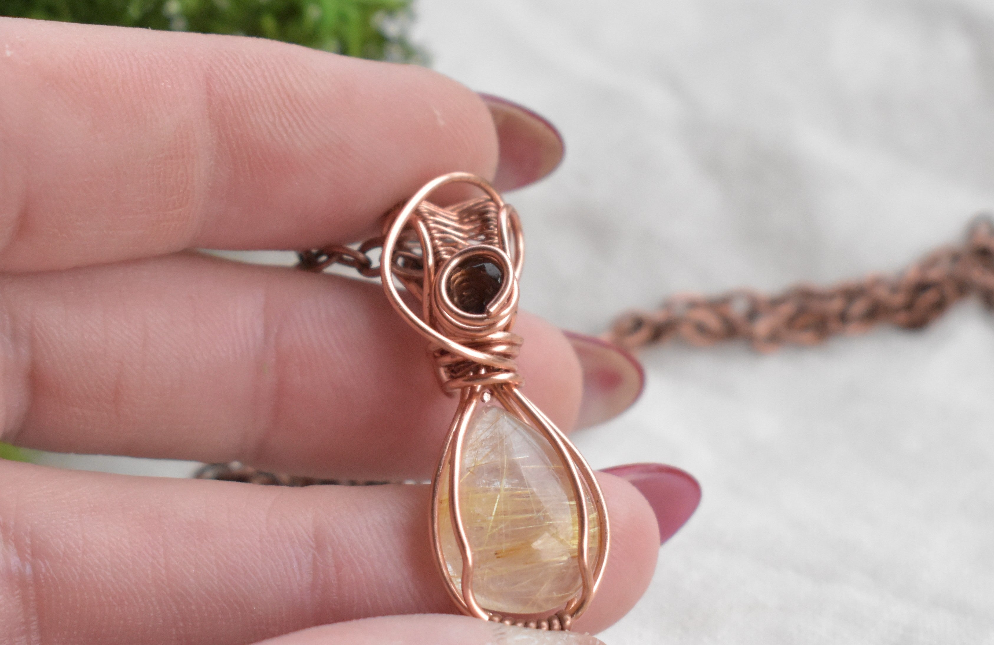 Gilded Threads - Handcrafted Golden Rutile & Smoky Quartz Pendant