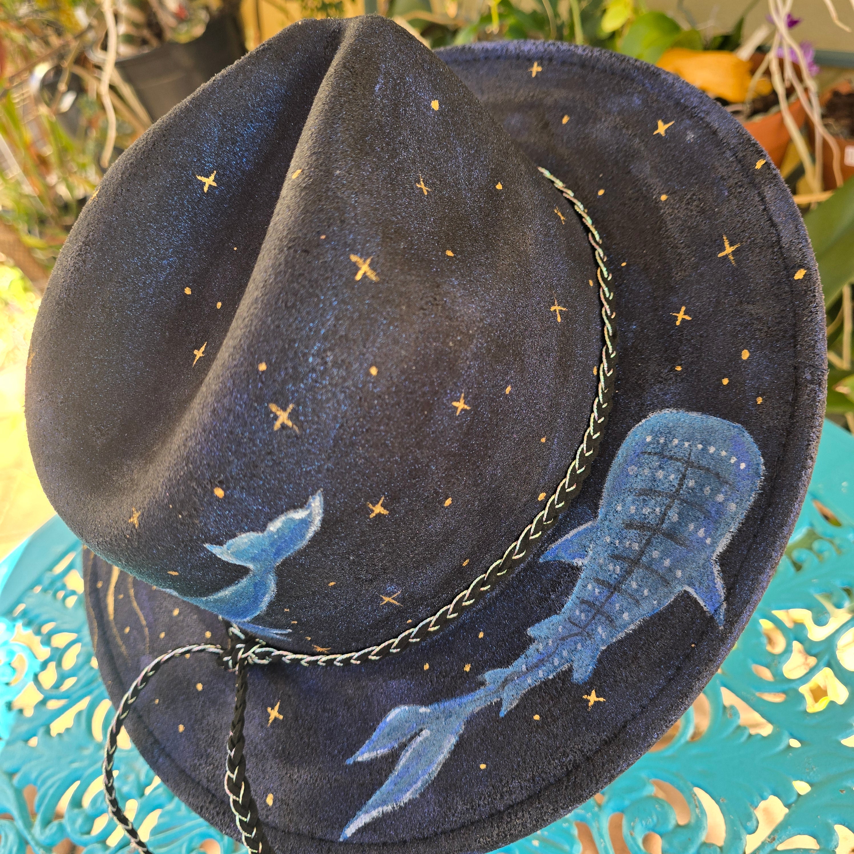 Hand printed colour shifting fedora hat -dreamy galaxy ocean