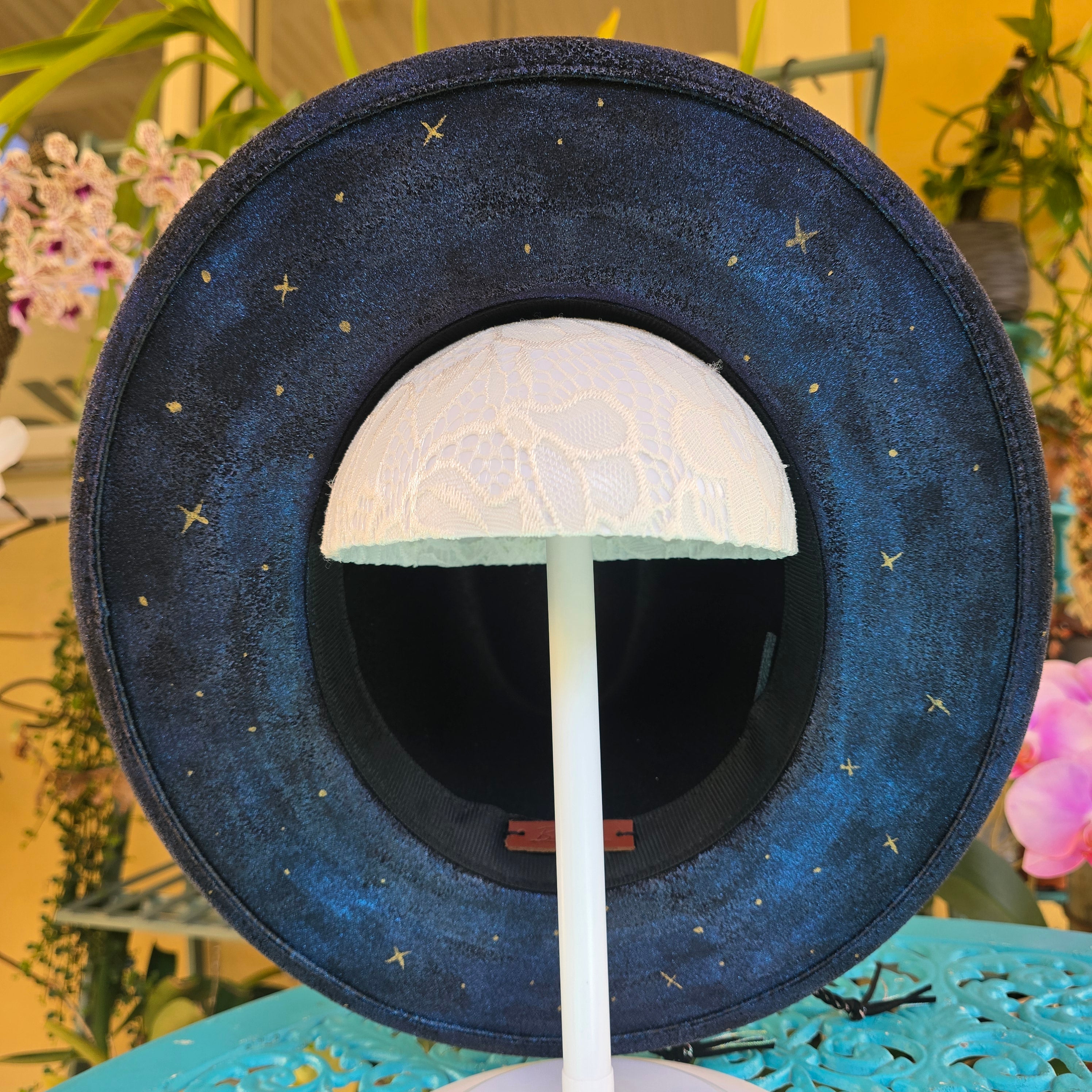 Hand printed colour shifting fedora hat -dreamy galaxy ocean