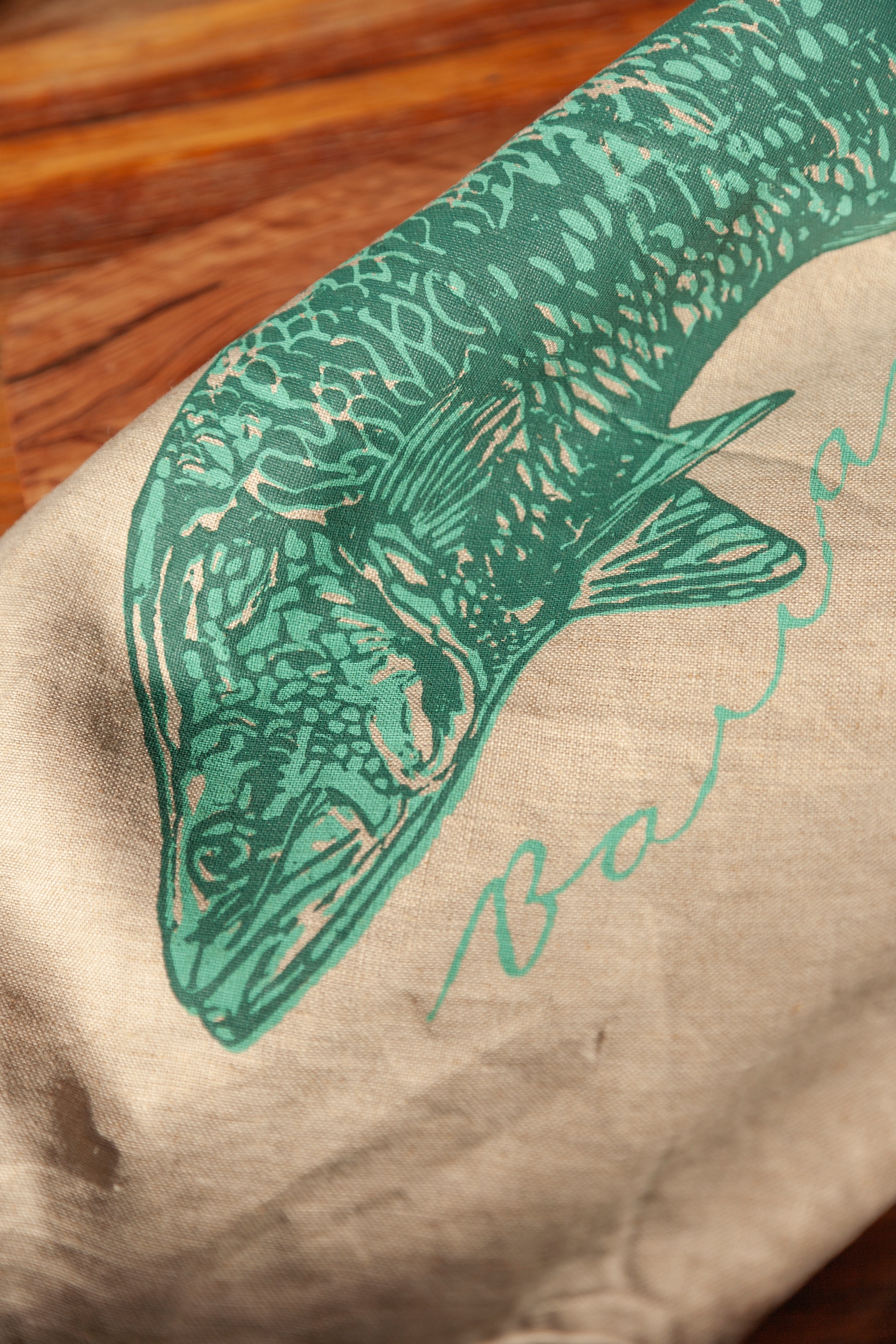 Hand Screen Printed Linen Tea Towels- Teal Green Barramundi