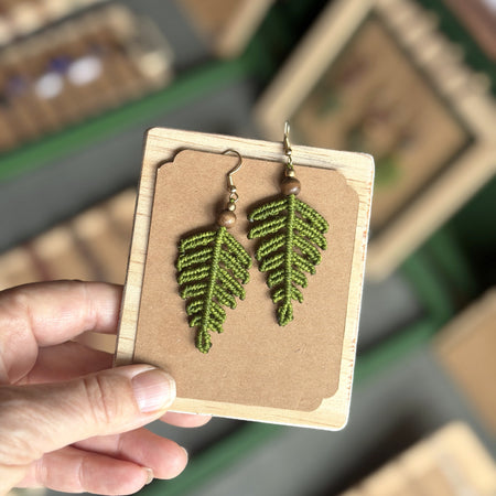 Macrame Fern Leaf Earrings - earthy forest fae / new zealand fern