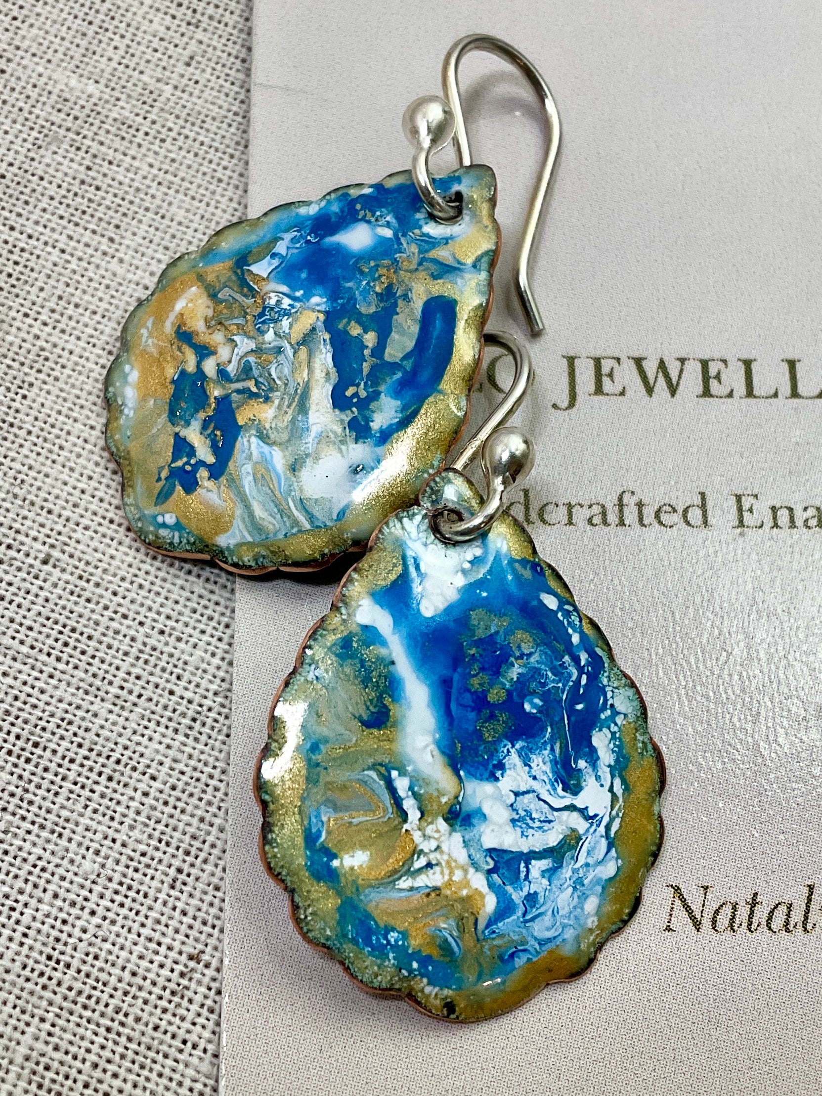 Gold blue and white swirl. Enamel earrings. Handmade