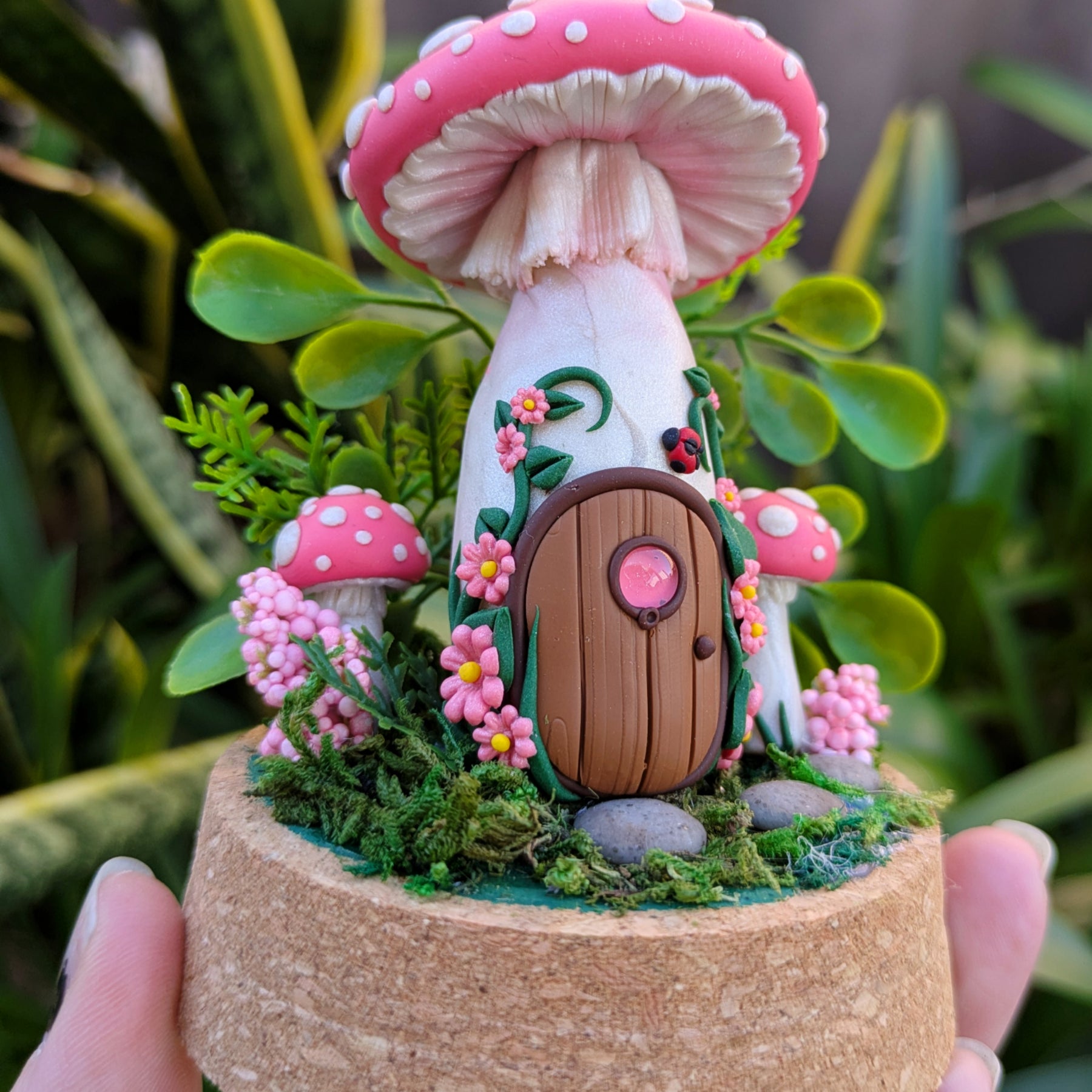 Pink Fairy Mushroom Houses in glass domes