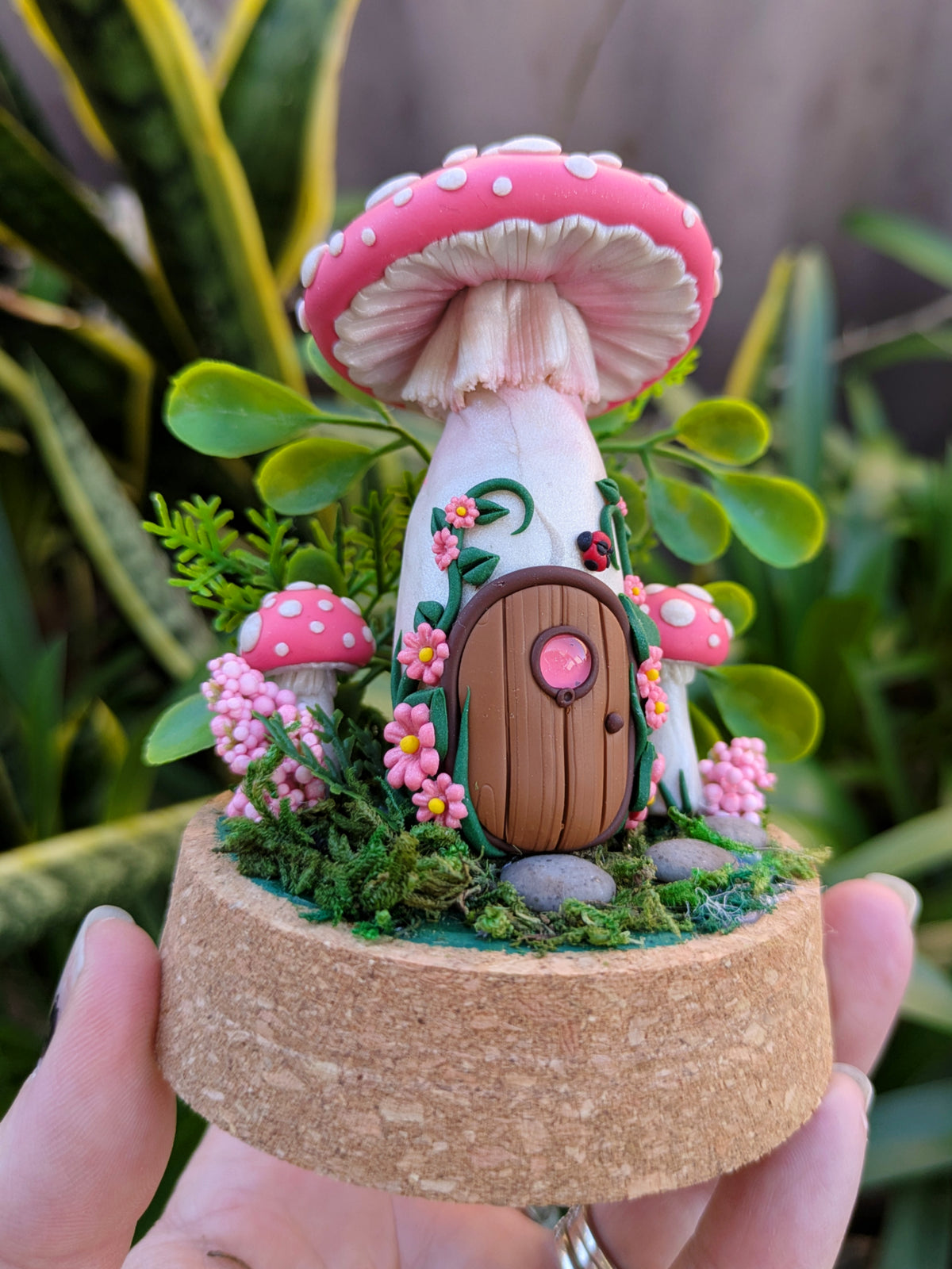 Pink Fairy Mushroom Houses in glass domes
