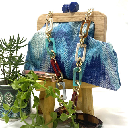 Oversized Clutch purse / handbag - blue, aqua, teal - wooden frame