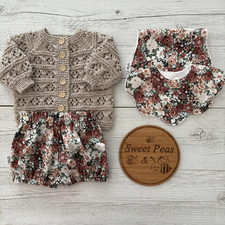 Baby Cardigan, Shorts, Scalloped Bib & Burp Cloth
