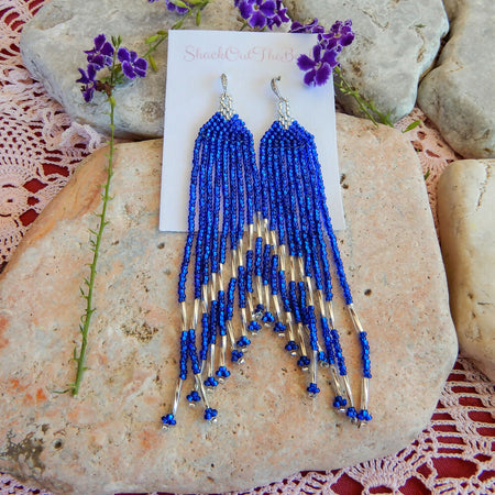 Blue & Silver Beaded Fringe Earrings 