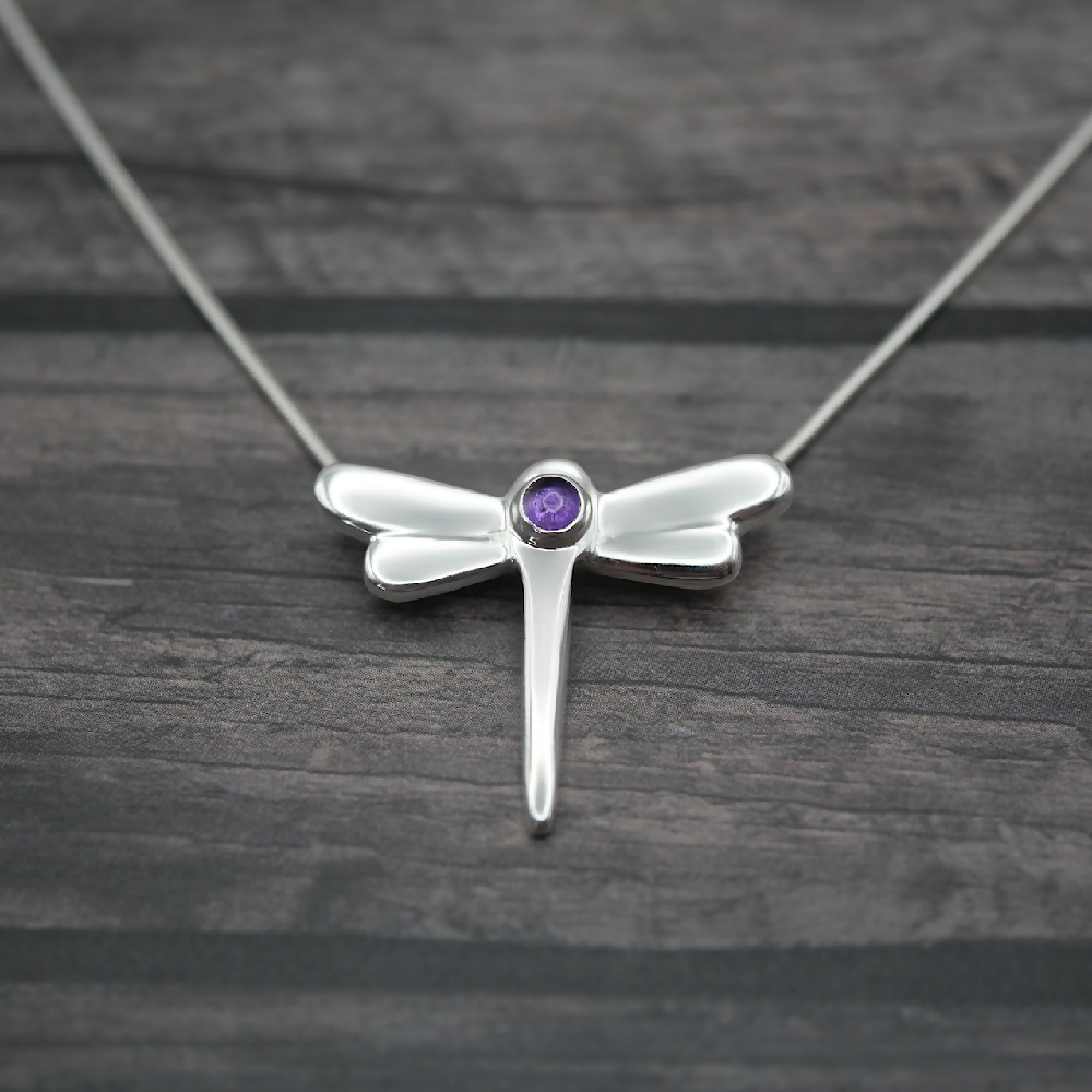 dragonfly amethyst sterling silver pendant grey sml