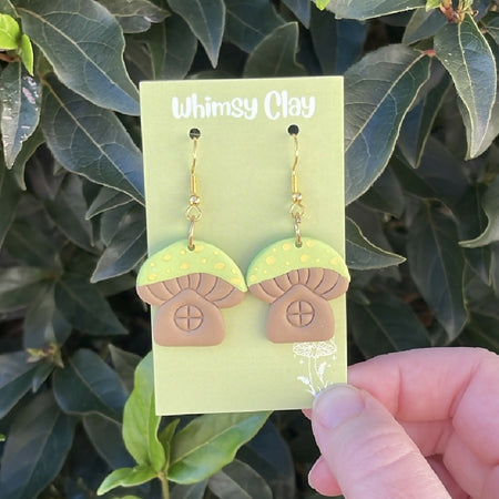 Green Mushroom Fairy House Earrings