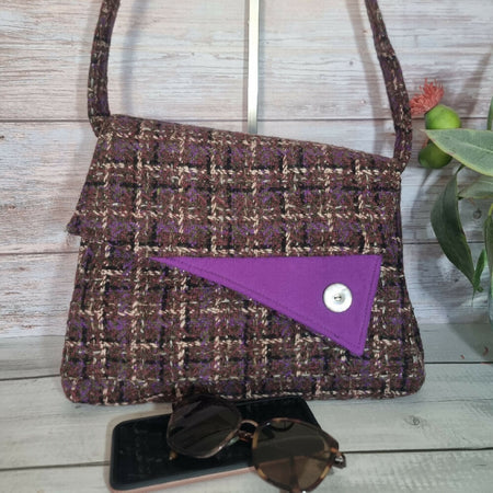 Upcycled quirky vintage style handbag - soft brown & purple