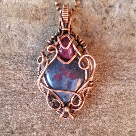 Ruby in Kyanite heart with Ruby accent pendant in Copper with chain