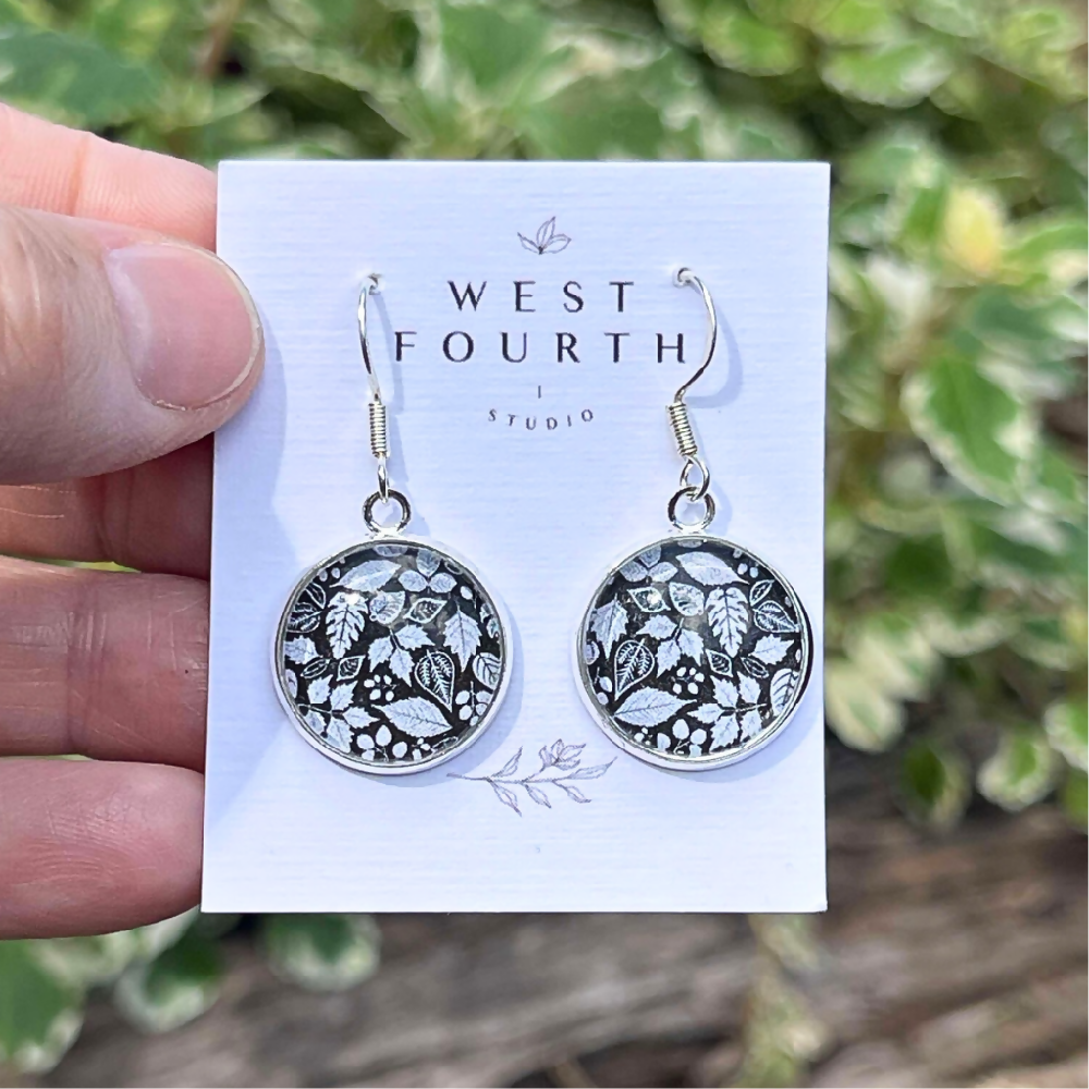 Leaf Earrings • Black and White Paper and Glass Earrings