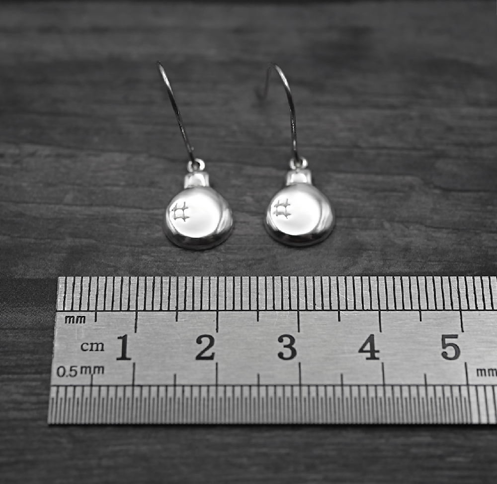 Christmas Baubles Sterling Silver Earrings ruler cms sml