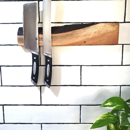 Wall mounted Magnetic Knife Holder, 35cm, Holds 6 knives,Made in Rockingham, W.A., Stunning Blackbutt Timber, Beautiful Wedding Present or Anniversary Gift, Natural Edge