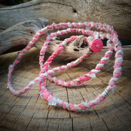 Boho Wrap Necklace - upcycled fabrics - pink / soft grey