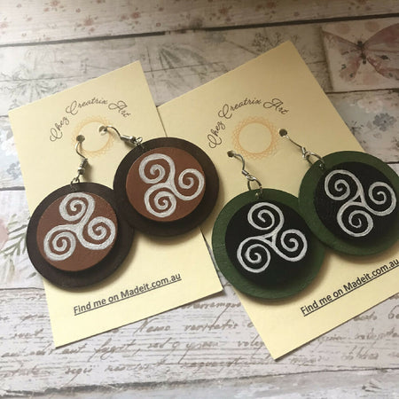 Hand Painted Wooden Earrings with Triple Spiral