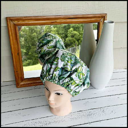 Shower Cap Adult Monstera and Palm Leaves Green