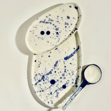 Porcelain Platter Set | Cobalt Splatter | Serving Spoon | Handmade Pottery