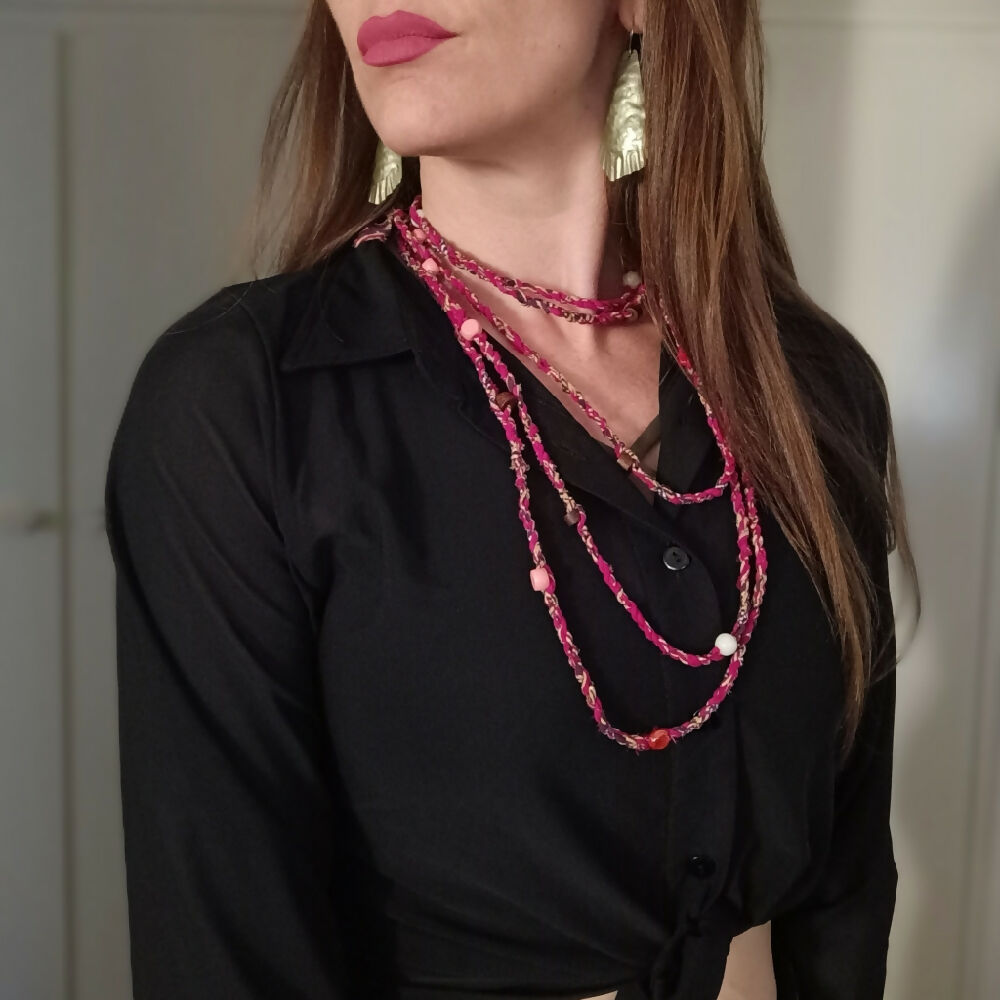 magenta boho fabric cordage necklace