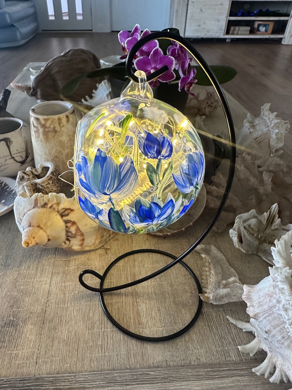 Glass Hanging Candle Holder Hand Painted With Blue Blooms