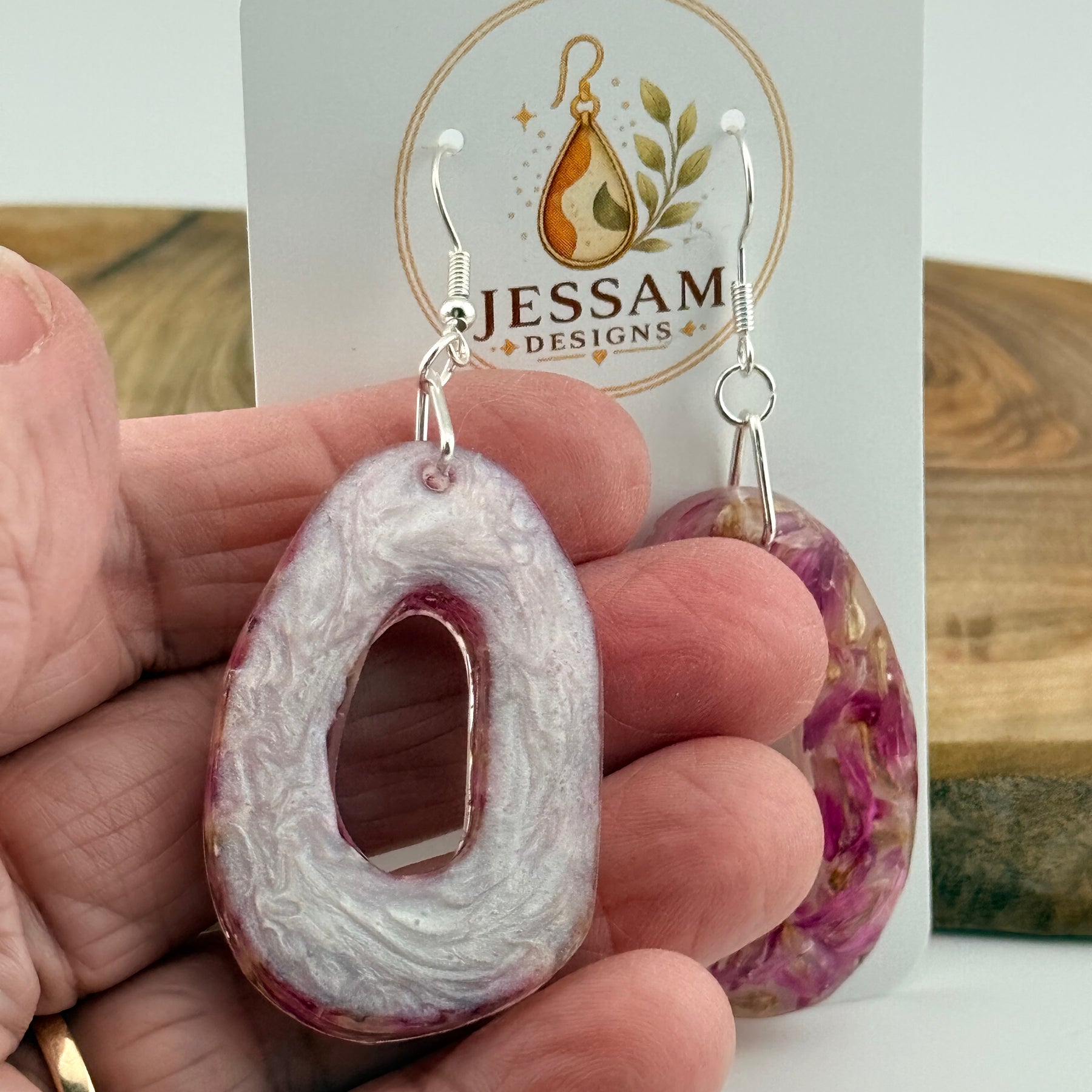 Springtime - Dried Purple Flower Resin Drop Earrings with Pearl Shimmer Back