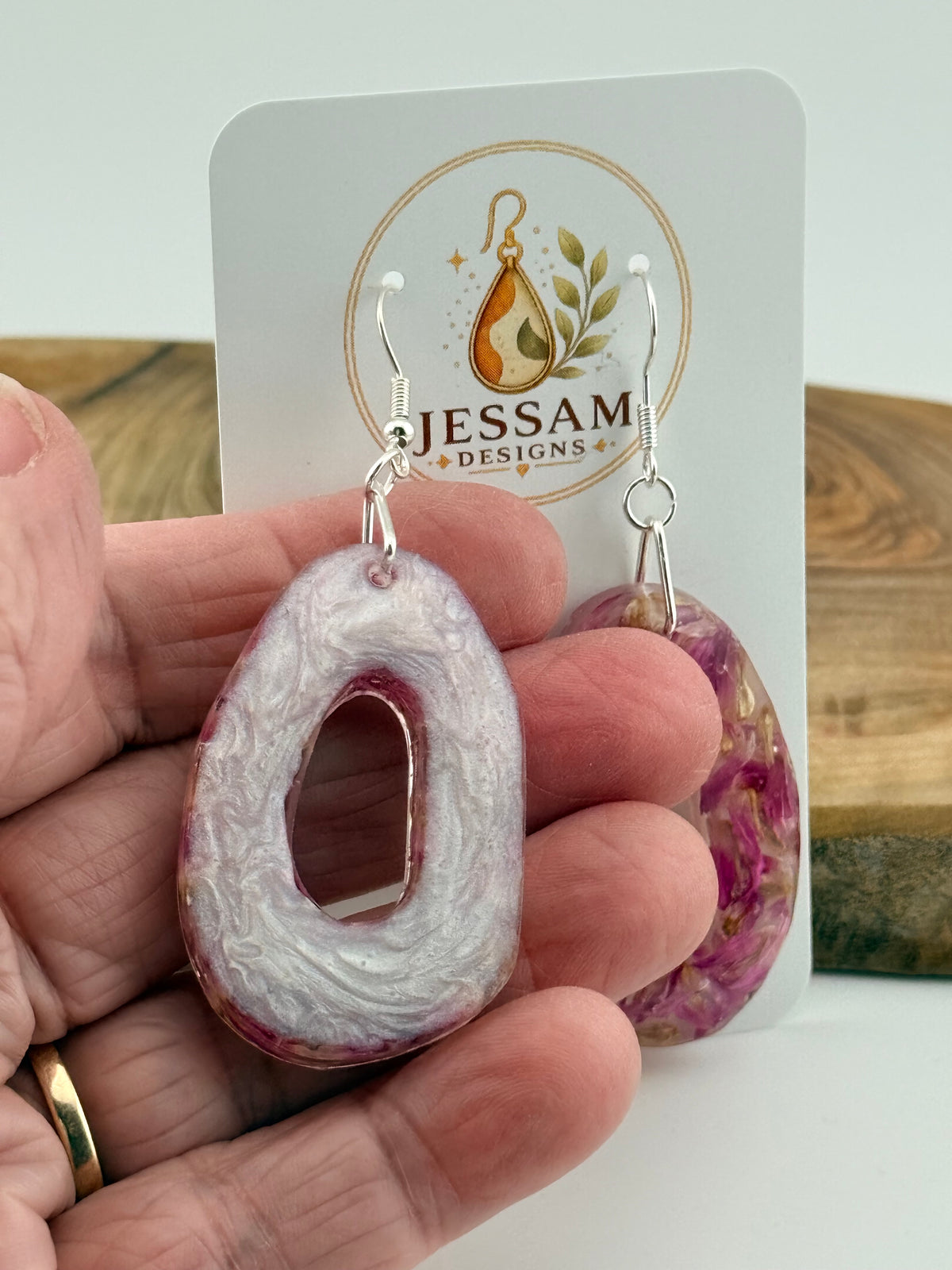 Springtime - Dried Purple Flower Resin Drop Earrings with Pearl Shimmer Back