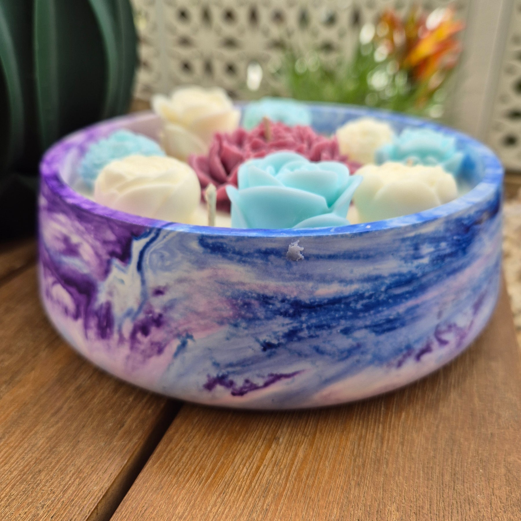 Large soy wax concrete bowl candle with burgundy peony and roses