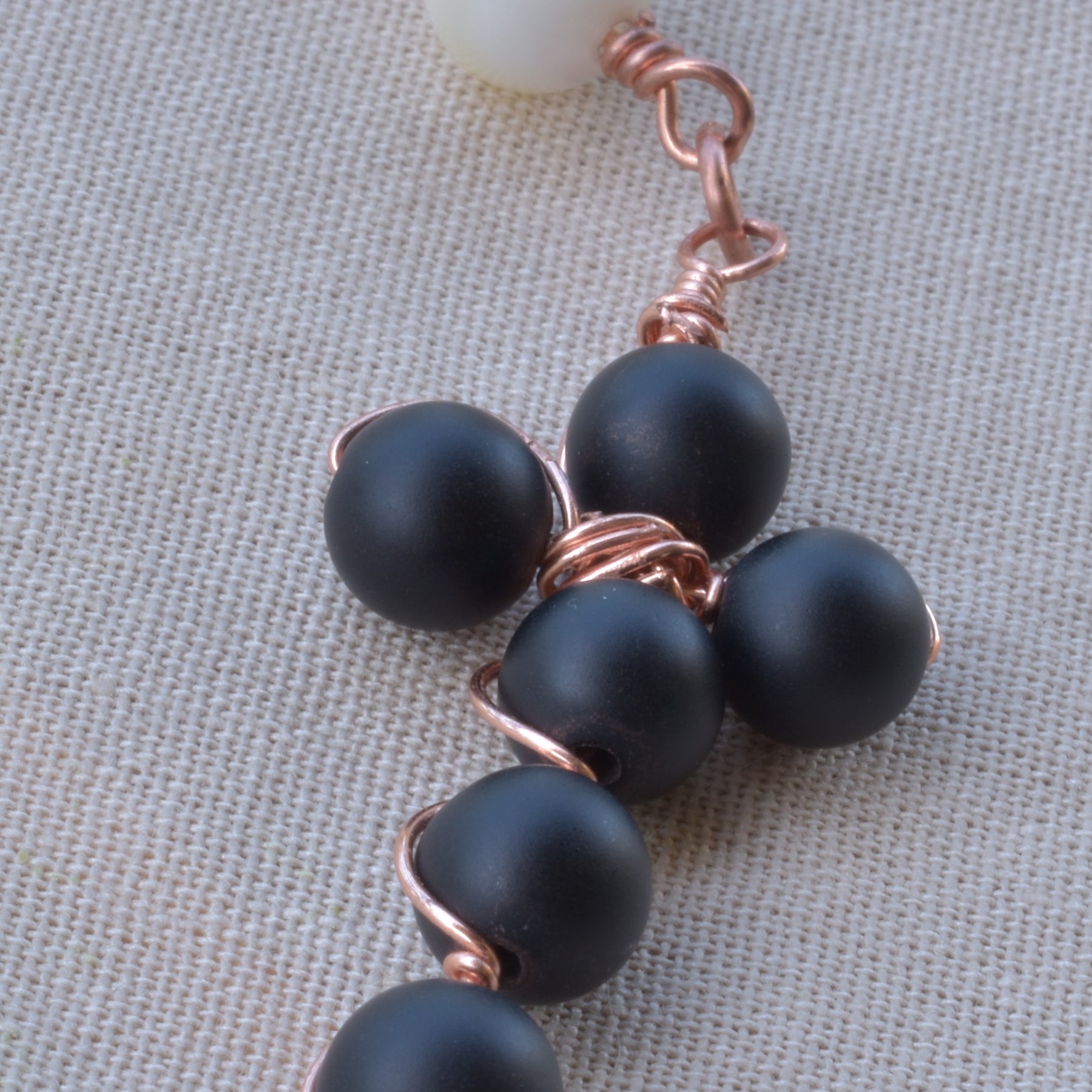 Stillness — Copper Wire Wrapped Rosary Mother of Pearl & Onyx