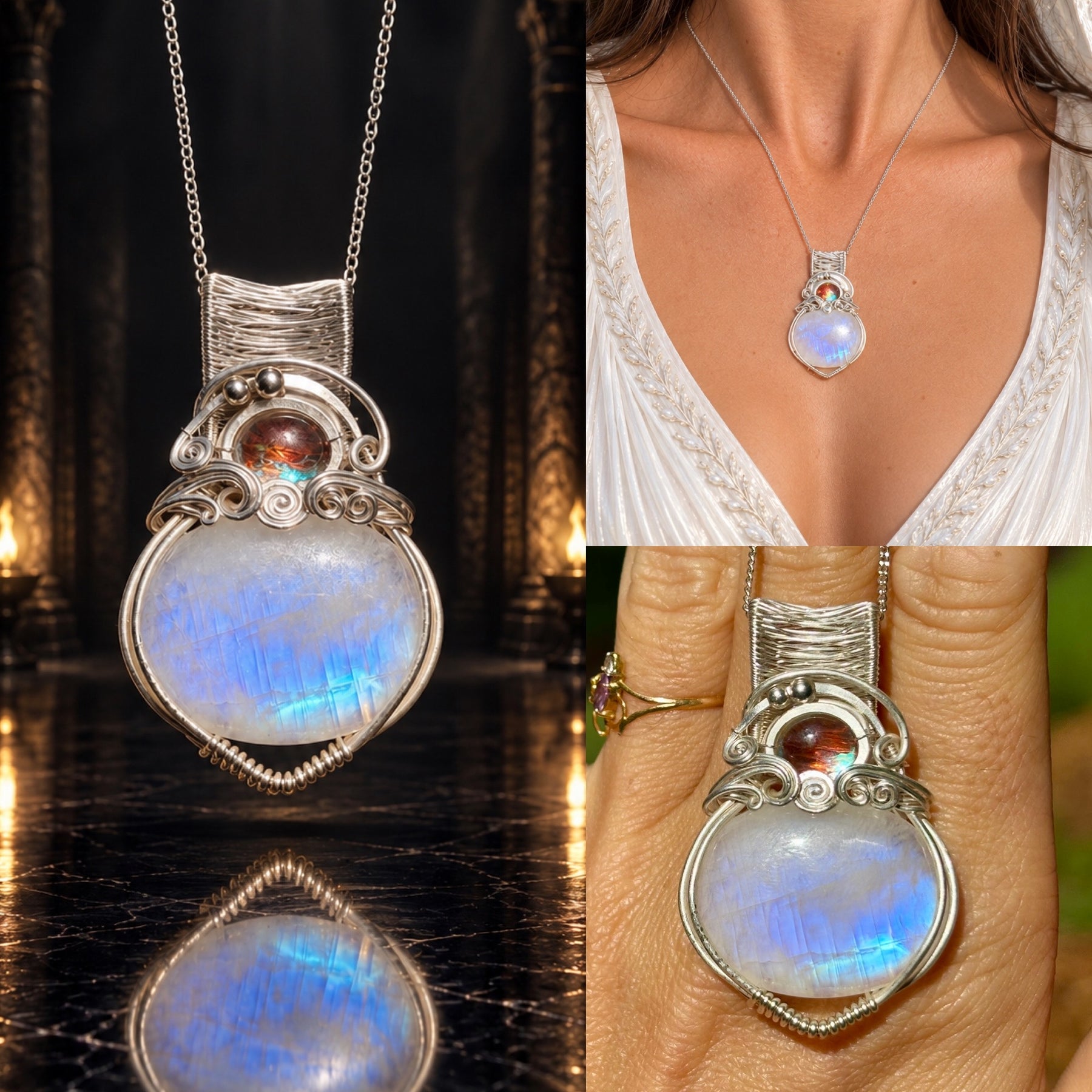 Moonstone Aura Quartz silver crystal pendant