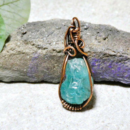 Green Apatite crystal pendant copper wire wrapped