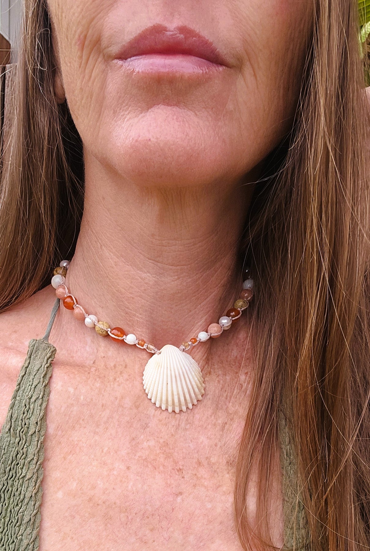 Cockle Shell Necklace Adjustable with Pearls and Rare Ocean Agate