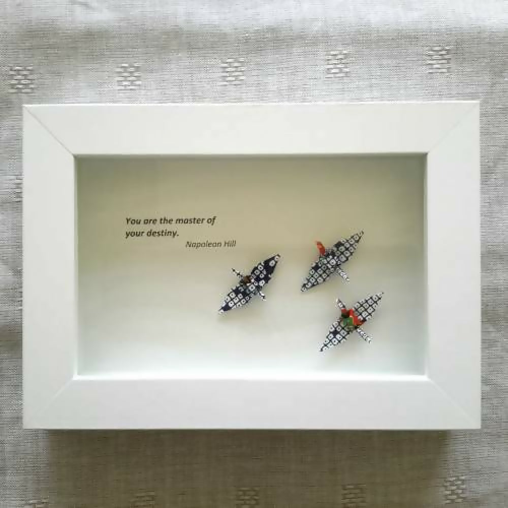 Framed inspiration quote and colourful cranes - I haven't been everywhere but it's on my list