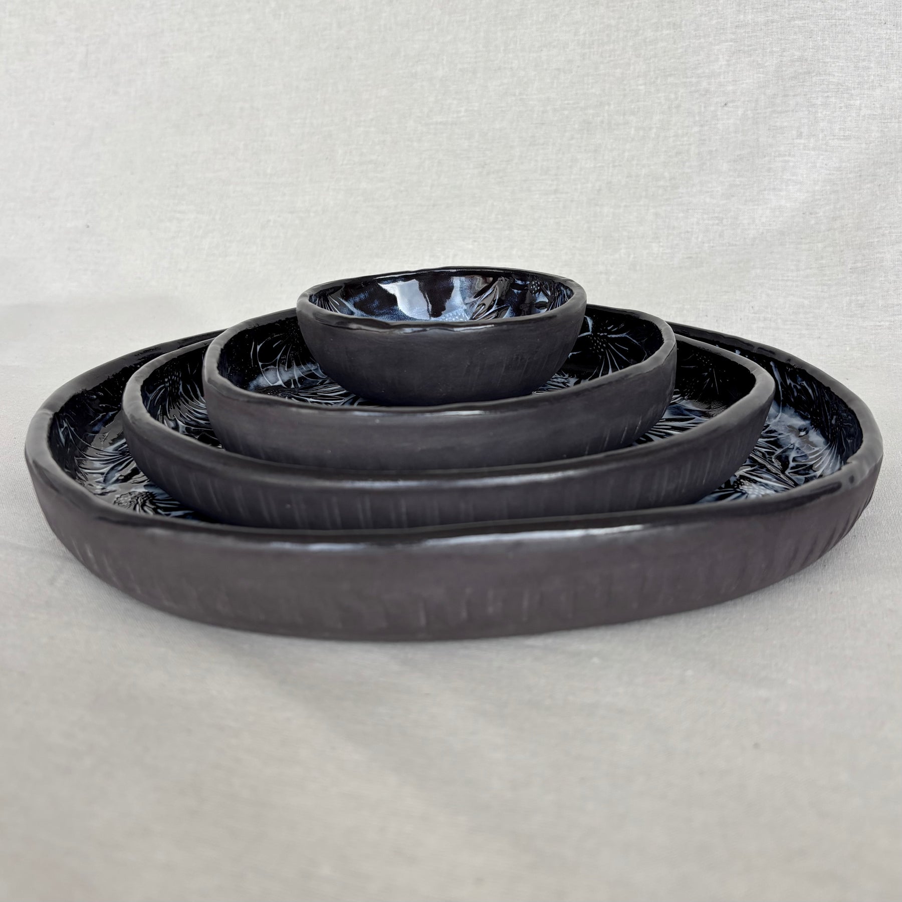Handmade Ceramic Large Serving Plate | Low Flat Bowl | Slab Rolled Black Clay | Organic Irregular Shape | Floral